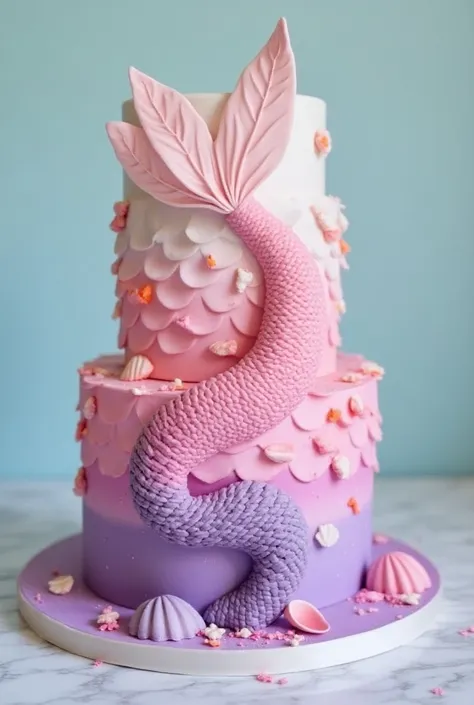 Gâteau d’anniversaire plat avec dégradé de couleur sirène rose violet avec des écailles des coquillages , une queue de sirène avec stitch de couleur rose sur le thème de Tahiti en rose