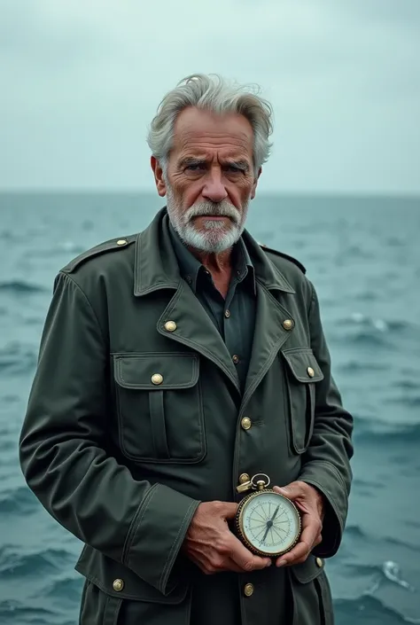  The figure of a man in old marine uniforms appears in the ocean — a researcher with a compass, who looks at the horizon .  In his eyes there is a desire to solve mysteries .