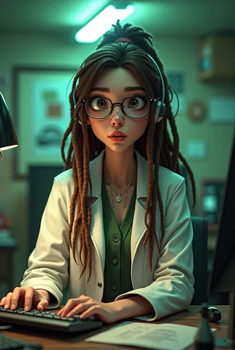 An intelligent nerdy long-haired dread brunette dressed in a lab coat works telemarketing at the operator Pablo the operators color is green and the logo is a shabby car messing with a computer 