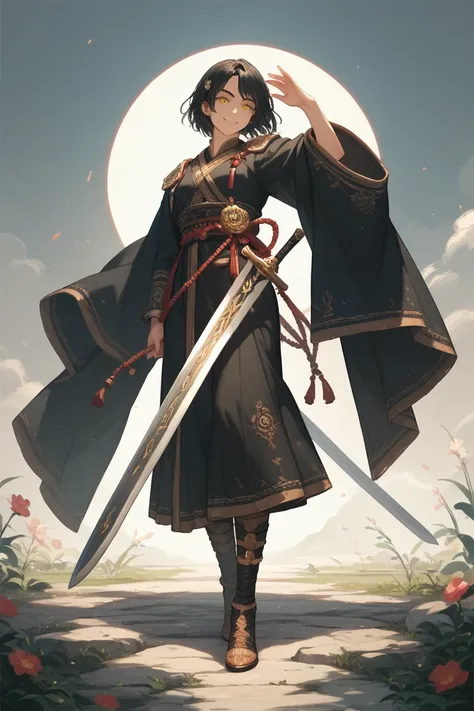 Beautiful anime warrior girl with golden eyes and black hair with sword and that girl standing pose and smile with full body cover by indian style warrior black clothes Anime, 