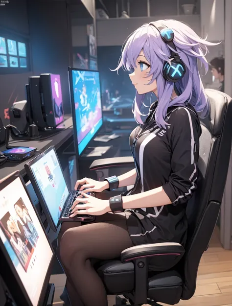 foreground,  front side profile, urban clothing with gaming headphones, concentrated, playing video games in your room,  happy a...