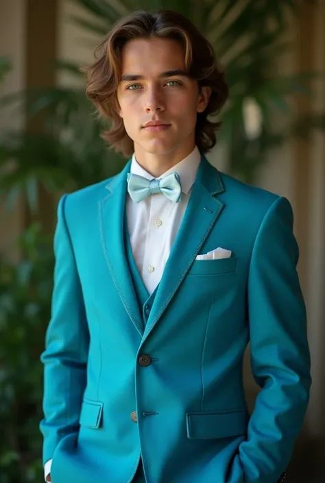 A handsome boy with long hair , portant une costards
 mariage bleu turcoise, 