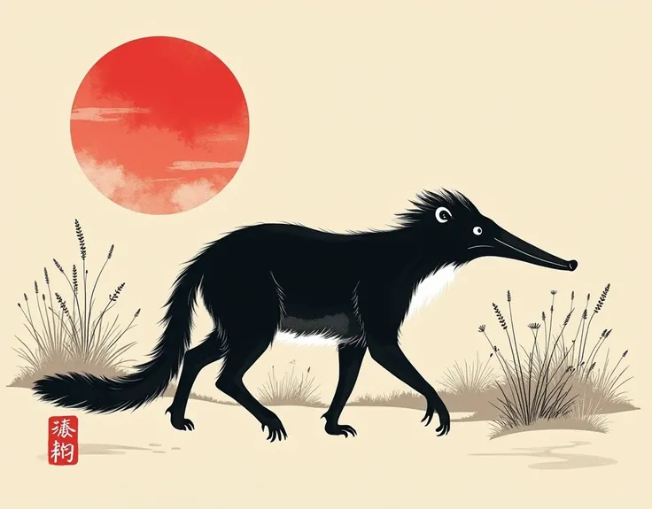  a stylized illustration of an anteater  (myrmecophaga tridactyla)  in a traditional Japanese sumi-e art style ,  with ukiyo-e engraving influences .  The art must be minimalist and expressive ,  using mainly black and red colors on a white background , to...