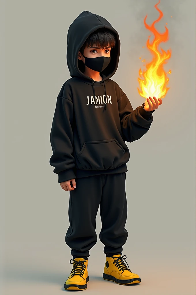 a boy wearing a black hoodie and a name shirt on a z shirt and black trousers yellow shoes and in his hand there is a fire and his face is wearing a black mask