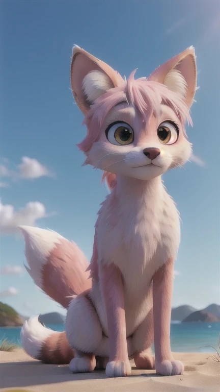 furry, female, feral, ((feral)), adult,  fox, white body fur, pink hair,detailed body fur, detailed body, detailed face, detailed eyes, glistering body, shiny body,  multiple tails, multi tail, solo, body fur, (best quality), clear sky, cinematic lighting,...