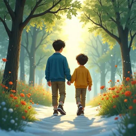 In winter, a 17-year-old older brother and a  younger brother are walking hand in hand. The older brother is wearing a blue shirt, while the younger brother is wearing a yellow shirt. Sunlight gently shines from above, creating a feeling of cool weather. T...