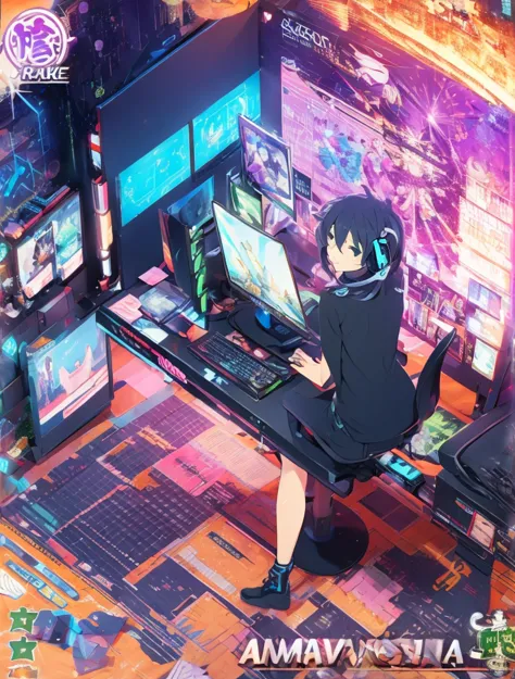 foreground,  front side profile, urban clothing with gaming headphones, concentrated, playing video games in your room happy and...