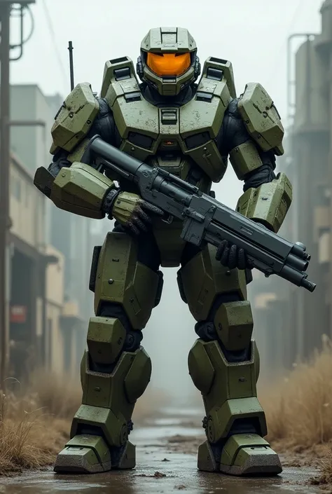 Show me a human soldier in a big combat suit which has big shoulder pads, unproportional legs, yellow visor And a big Maschine gun