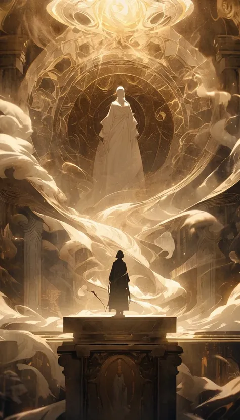 An abstract, mysterious image representing an enigmatic historical figure, surrounded by soft, swirling mist and faint golden light. In the center, an empty pedestal or shadowed outline suggests the presence of an unknown person. The background is hazy and...