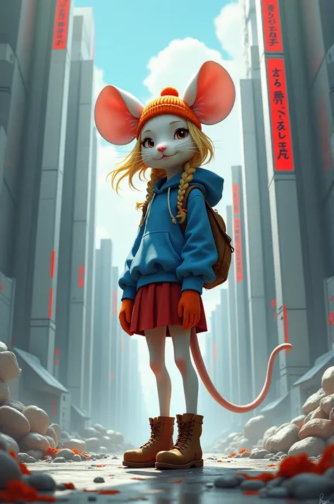 A digital artwork featuring a giant anthropomorphic mouse girl wearing a blue sweatshirt, orange knit hat, red skirt and brown boots and orange knit gloves standing in an urban setting. The scene is viewed from a low angle, looking down at the anthropomorp...