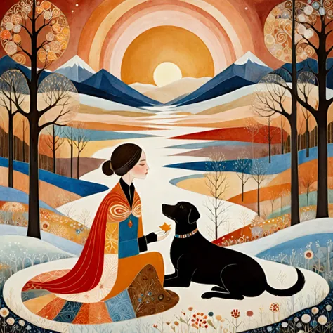 An illustration in the artistic manner of Laurel Burch, Sophie Wilkins, Hilma AF Klint, with skillfully dosed warm and cool colors, multicolored abstract bucolic landscapes, reminiscent of Golden Age illustrations, exuding sweet lyricism and romance. In a ...