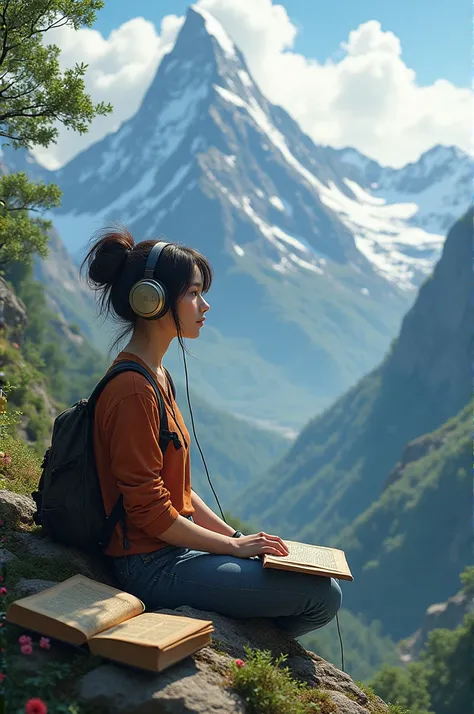 A girl listen song using headphone on the mountain with a old book