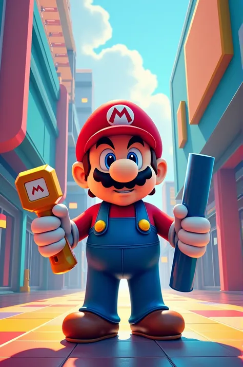 Super Mario in a colored company with a sign in his hand 