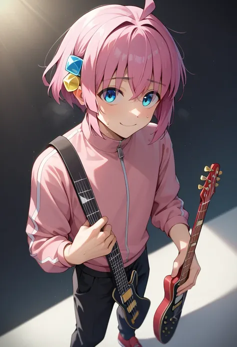 1 boy, short hair, ahoge, Bocchi Za Rock style, Goto solo style, looking at camera, blue eyes, eyebrows showing through hair, troubled face, sweat, pink jersey, zipper, pink now jersey, black pants, school boy, thin, cute, third person perspective, loafers...