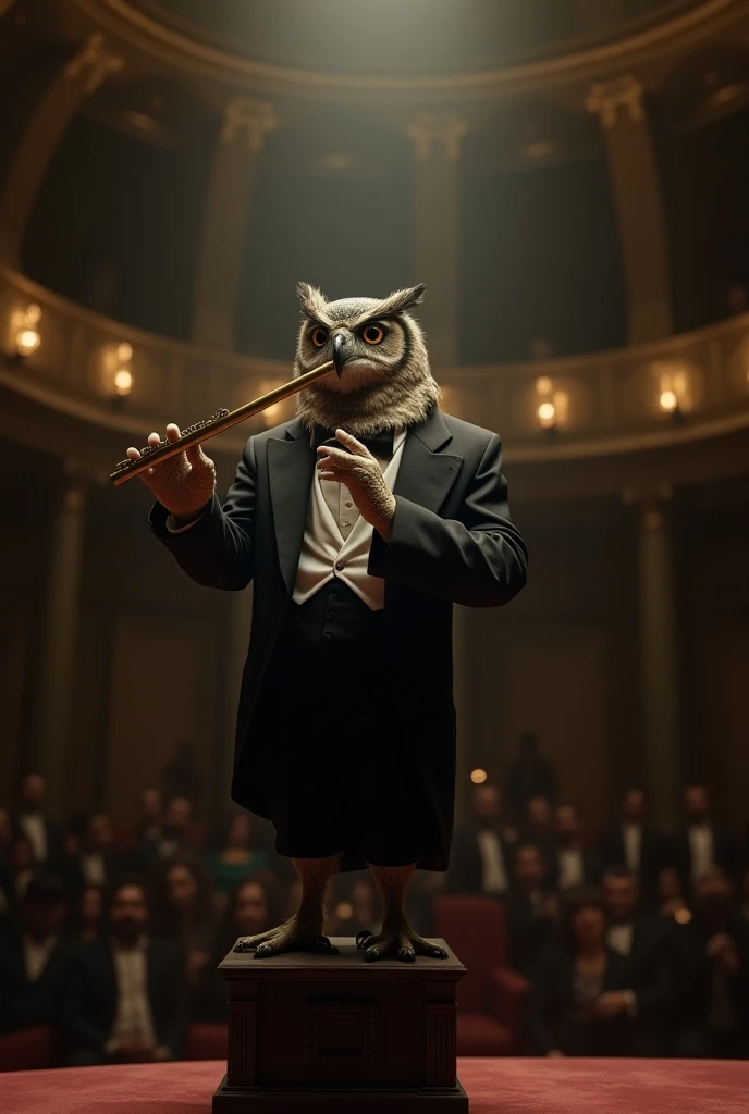 Illustrate an owl in a tuxedo playing the flute on a dimly lit stage, surrounded by the grandeur of a classical concert hall. The owl stands on a small podium, holding the flute delicately in its wings with an intense expression. The background shows a fai...