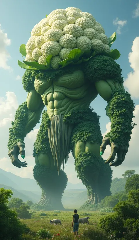 Here’s a prompt featuring a cabbage-cauliflower giant hybrid fusion:

---

**Prompt**:  
"In an expansive, lush landscape, a towering cabbage-cauliflower giant hybrid stands majestically, embodying a blend of both vegetables in one powerful form. The giant...