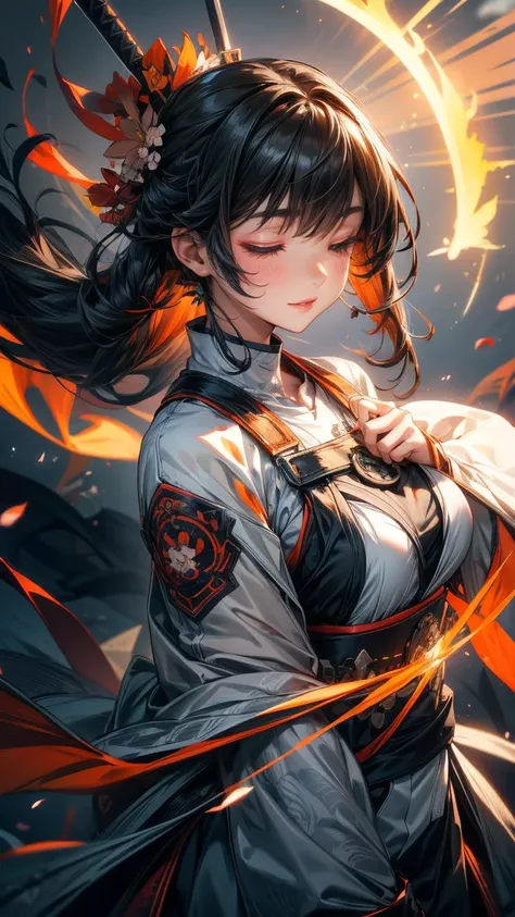 1girl, hair over one eye, asymmetrical bangs, hair behind ear, black straight hair, small breast, closed eyes, light smile, floating swords, grey and orange tectical kinono, Harness, grey and orange tectical tech wear, flower decoration, cherry blossom, to...