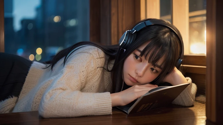 1 girl, long black hair, reading a book in a quiet night room, night cityscape through the window, calm atmosphere, coffee, headphones, warm lighting, (best quality,4k,8k,highres,masterpiece:1.2),ultra-detailed,(realistic,photorealistic,photo-realistic:1.3...