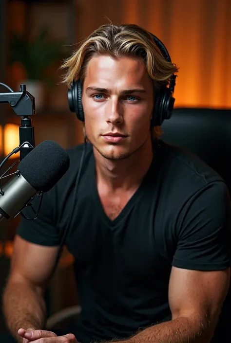 ((best quality)), ((傑best quality、masterpiece、high sensitivity、high definition、detailed description、delicate facial description))The man introduces himself as a charismatic and professional male podcast host. He has a chiseled appearance, with straight, sl...