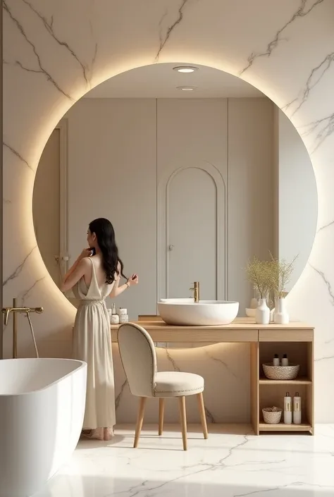 Professional 3d architecture rendering design of modern and minimal and high tech design for  elegant  and luxurious circular space in bathroom   For elegant  woman’s  doing makeup face and  brush her hair with light   laurel color  with small lines of dar...