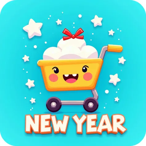 Make a store icon in New Years style,  background in the center of the cart , background blue,  and below the cart it says Dekichs Shop