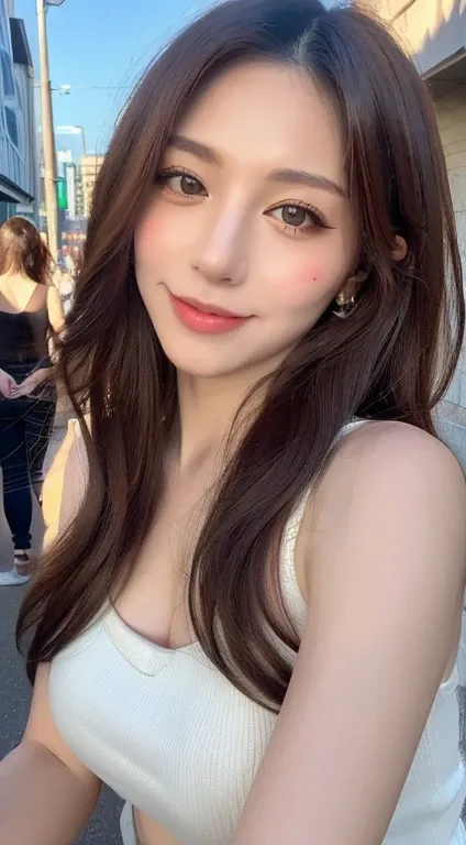 (( high quality 、8 k、​masterpiece:1.3))、1 girl in、 Beautiful woman with a flat stomach and big breasts:1.3、 full body Lesbian 、( Long haired、Colossal :1.2)、body paint、Sleeveless tops:1.2、very tender face 、Tender eyes、double eyelid、smile、street、 random clot...