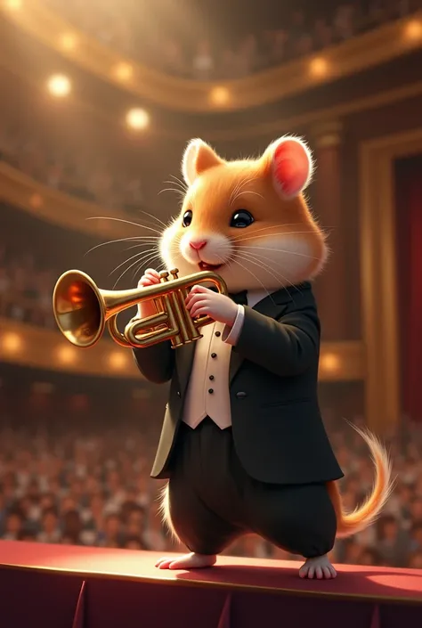 Create a realistic illustration of a hamster in a formal tuxedo, playing a trumpet on a grand concert hall stage. The hamster stands on a small platform to reach the trumpet, with a look of determined focus as it presses the trumpet’s buttons with tiny paw...