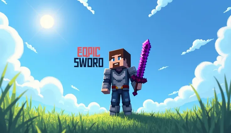 Create a Minecraft-themed image with a player character in pixelated armor, standing confidently on a grassy field under a bright blue sky with scattered clouds. The character, labeled Proboiz above their head, holds an epic-looking, purple pixelated sword...