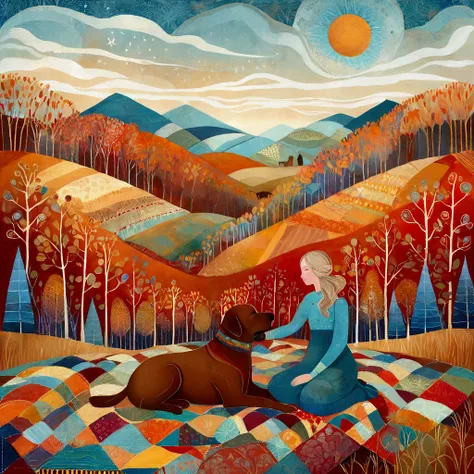 An illustration in the artistic manner of Laurel Burch, Sophie Wilkins, with skillfully dosed warm and cool colors, multicolored abstract bucolic landscapes, reminiscent of Golden Age illustrations, exuding sweet lyricism and romance. In a forest clearing ...