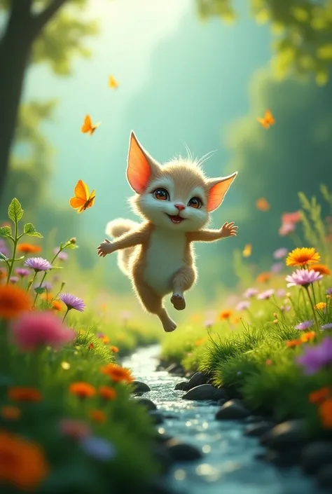 Lennu running through the valley, surrounded by colorful wildflowers and butterflies. Show him blending harmoniously with nature, maybe with a few birds flying alongside him or leaves swirling.