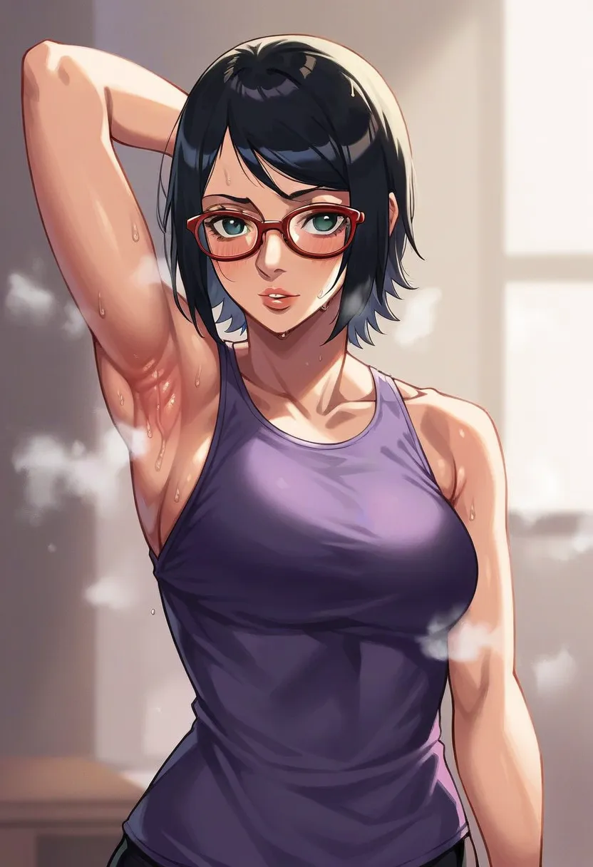 , naruto art style, sarada uchiha, short hair,  black hair , ( dark eyes:1.3),glasses,  (sweep bang:1.1),armpit，armpit smell,arm...