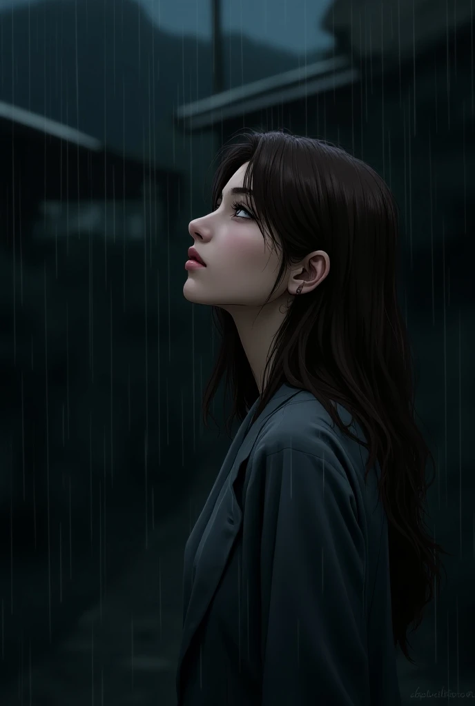 Un dessin d’une femme brune de profil avec un air perdu mais déterminée,  with a rather dark and less realistic background, plus dans le style manga (well worked )
Qui regarde un peu en l’air et avec un visage comme vide d’émotions,  sad evening 
Who is lo...