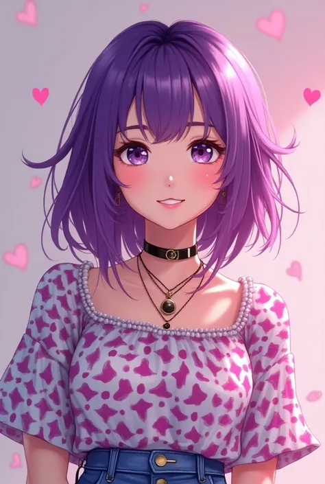 Create a purple-haired Japanese TikTok influencer with a TikTok blouse