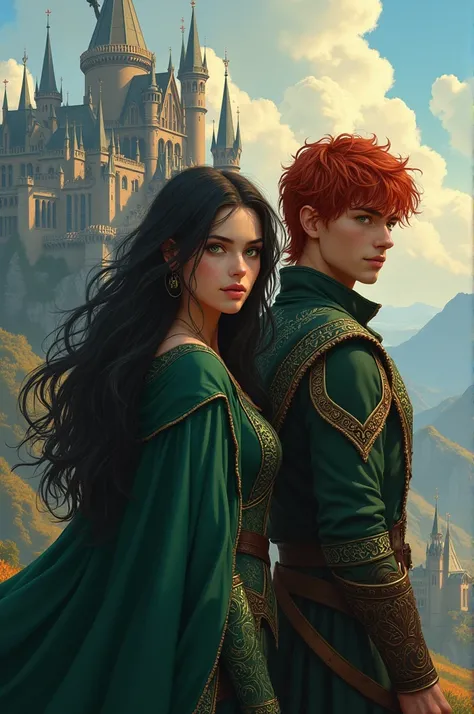 Make the cover of a novel about the kingdom of a long dark haired girl with green eyes and the guy with red hair with golden eyes