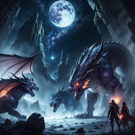 A colour-detailed fantasy world ,  with a glowing starry sky and a huge white full moon, In the middle of it all, angry dragons and fighting monsters.