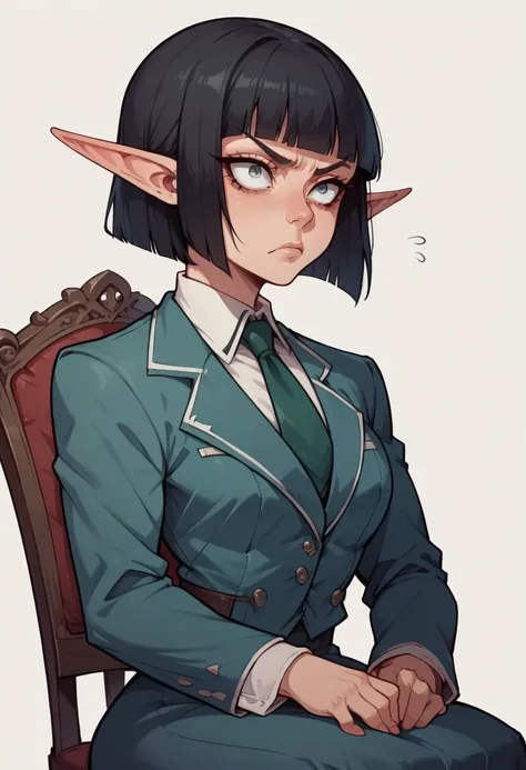 score_9_presence, score_8_up, score_7_up, score_6_up, score_5_up, score_4_up, BREAK, 1female elf sits on chair, tie suit, narrow eyes, hime cut, short hair, black hair, scowl, wide upper body, thick hip, (simple background)