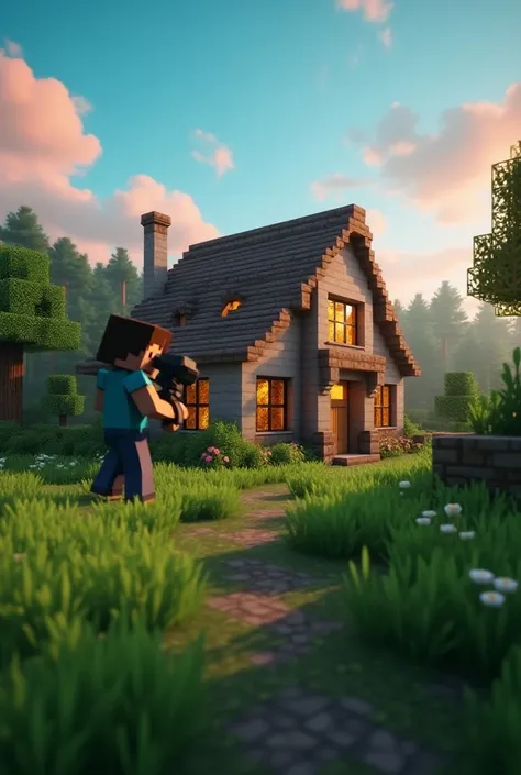 Youtube thumbnail (taking cinematics of house with camera in Minecraft 