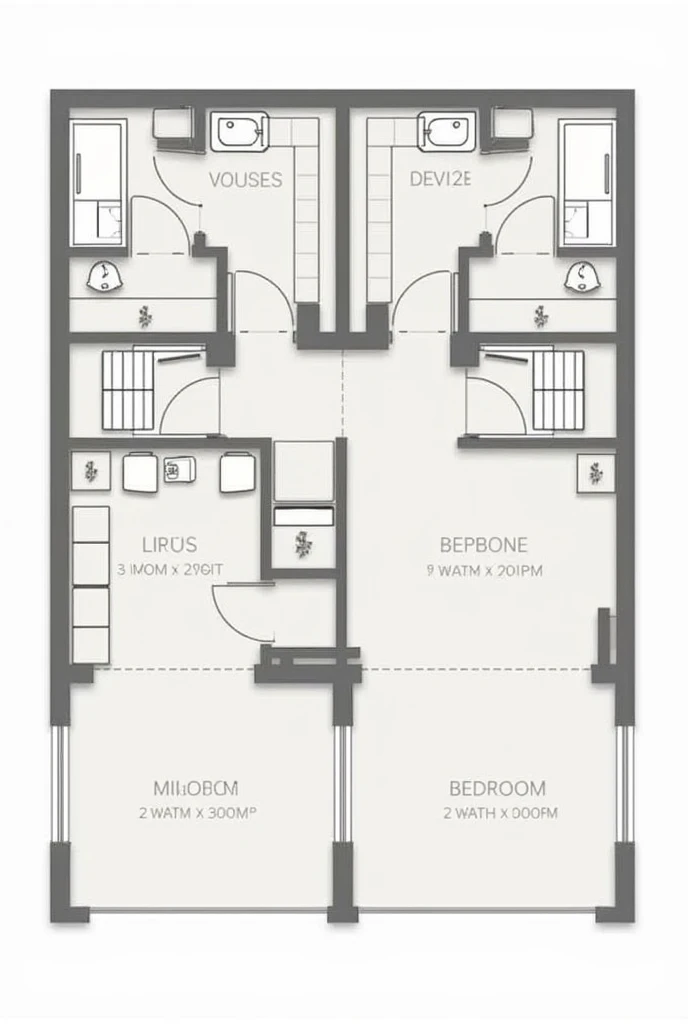 2 bhk layout, having 17 ft length width 47 feet. 
There will be want by dividing this into 2 equals parts. Then the sub divide each part into 3 equal parts.  
Create clear image in english