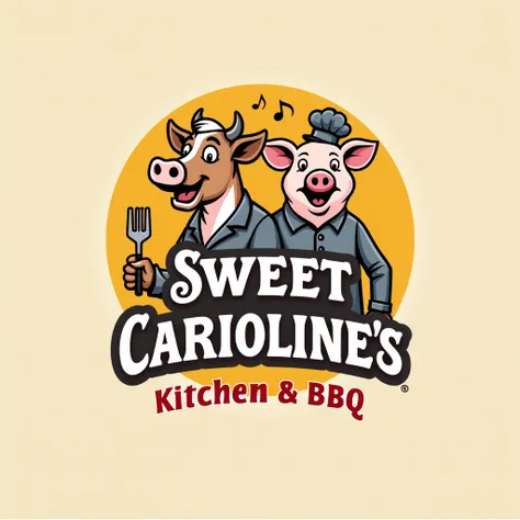 We are looking for a creative logo designer to help us build the brand identity for our new restaurant, Sweet Carolines Kitchen & BBQ created by Executive Chef Mark Gaylord and his wife Carolynn.

Key Elements:
- A combination of a cow and a pig as a carto...