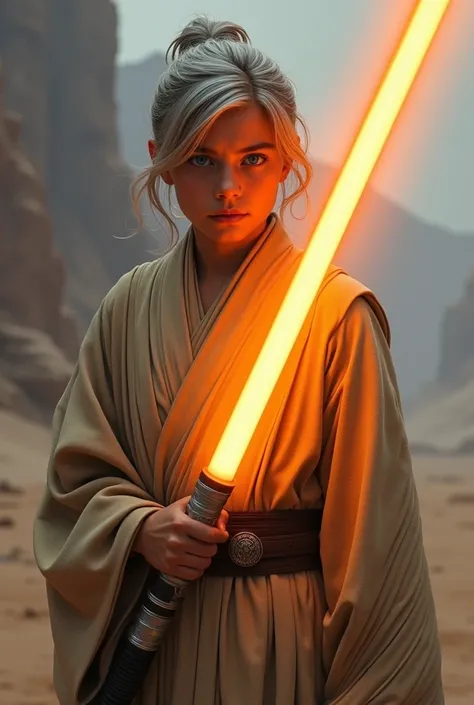 Jedi, twenty years old, with an orange light staff.  Silver-grey hair and blue eyes