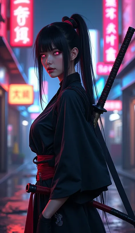 **A full-body shot of a beautiful Asian cyberpunk woman samurai in the streets at night. She has an energy sword on her back, dark hair, and black eyes with glowing red pupils, in an anime style. The artwork is in the style of Akihiko Yoshida and Ilya Kuvs...