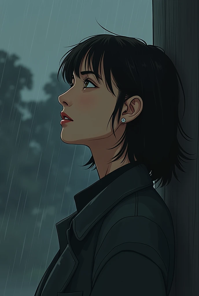 Un dessin d’une femme brune de profil avec un air perdu mais déterminée,  with a rather dark and less realistic background, plus dans le style manga (well worked )
Qui regarde un peu en l’air et avec un visage comme vide d’émotions,  sad evening 
Who is lo...