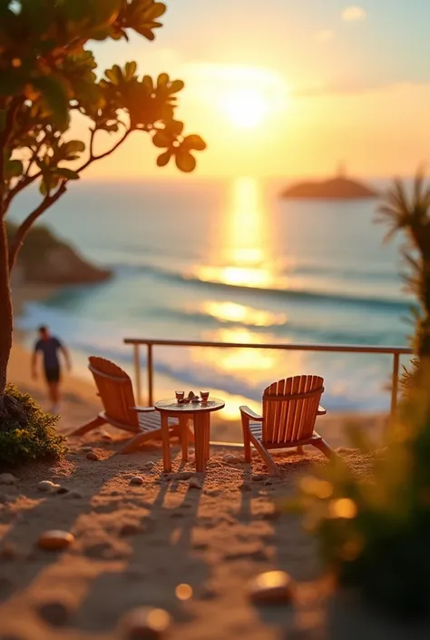 A miniature photography style scene capturing a relaxing natural landscape in the golden hour, featuring a tiny ocean view from a charming balcony with sun-dappled beach chairs and a small table set for two, overlooking a peaceful beach with gentle waves. ...