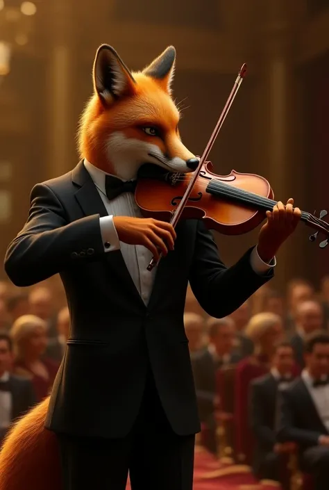 Illustrate a sophisticated fox in a tuxedo standing on a grand stage, playing the violin with a focused and passionate expression. The fox holds the violin under its chin and guides the bow smoothly with its paw. The scene is set in an opulent concert hall...