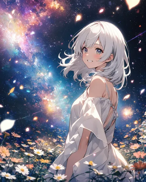 ２０age、White Hair Girl、 medium hair 、In the cosmos field、Looking Back、Smiling,