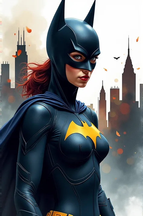 Batgirl DC Portrait, Aquarellig splashes as Backroud in shape of Githam City. 4k, Wallpaper, dark coloring