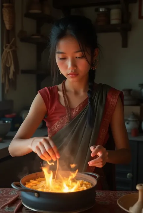 A north-east Indian beautiful girl cooking
