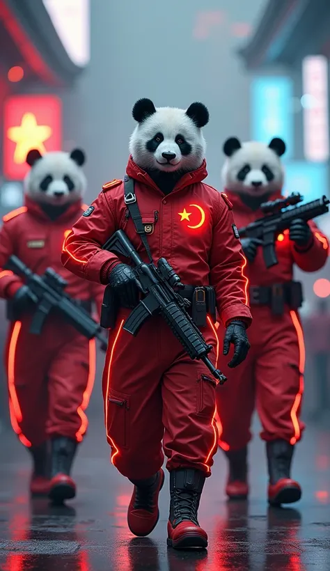 Create Three Sci-fi Panda Soldiers Wearing Futuristic Army Uniform Of China, With Glowing And Lightning Dress, A China small Flag In Neon Style Appearing On The Soldiers Chest, Pointing Futuristic New Designed Guns In Hands, Walking On A Mission , Panda He...