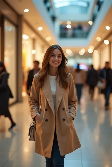 . “A girl walks slowly through a busy modern shopping mall ,  illuminated by warm lights and bright reflections from the windows . After a few seconds , It stops ,  turns slowly and looks directly at the camera with a light and sure smile,  creating a mome...