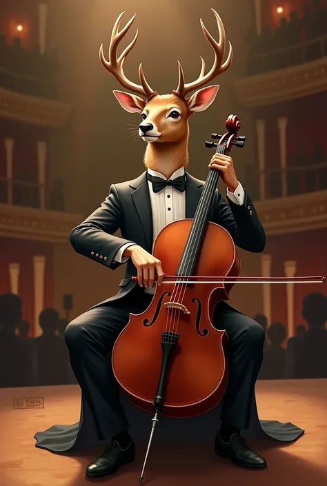 Illustrate a graceful deer dressed in a formal tuxedo, sitting elegantly on a concert stage, playing the cello with a gentle, serene expression. The deer carefully holds the cello between its hooves, drawing the bow smoothly across the strings. The concert...